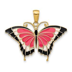 14k Yellow Gold & Pink Translucent Acrylic Butterfly Pendant, 30mm